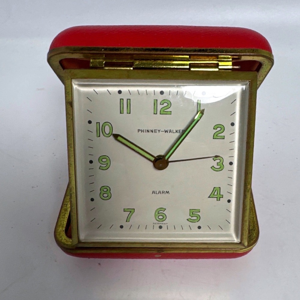 Phinney-Walker Travel Alarm Clock Red Case Germany Vintage MCM Square As is